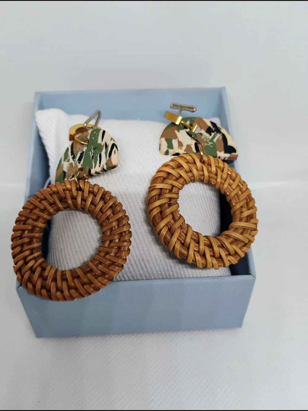 Handcrafted Green Pattern & Tan Woven Hoop Drop Earrings